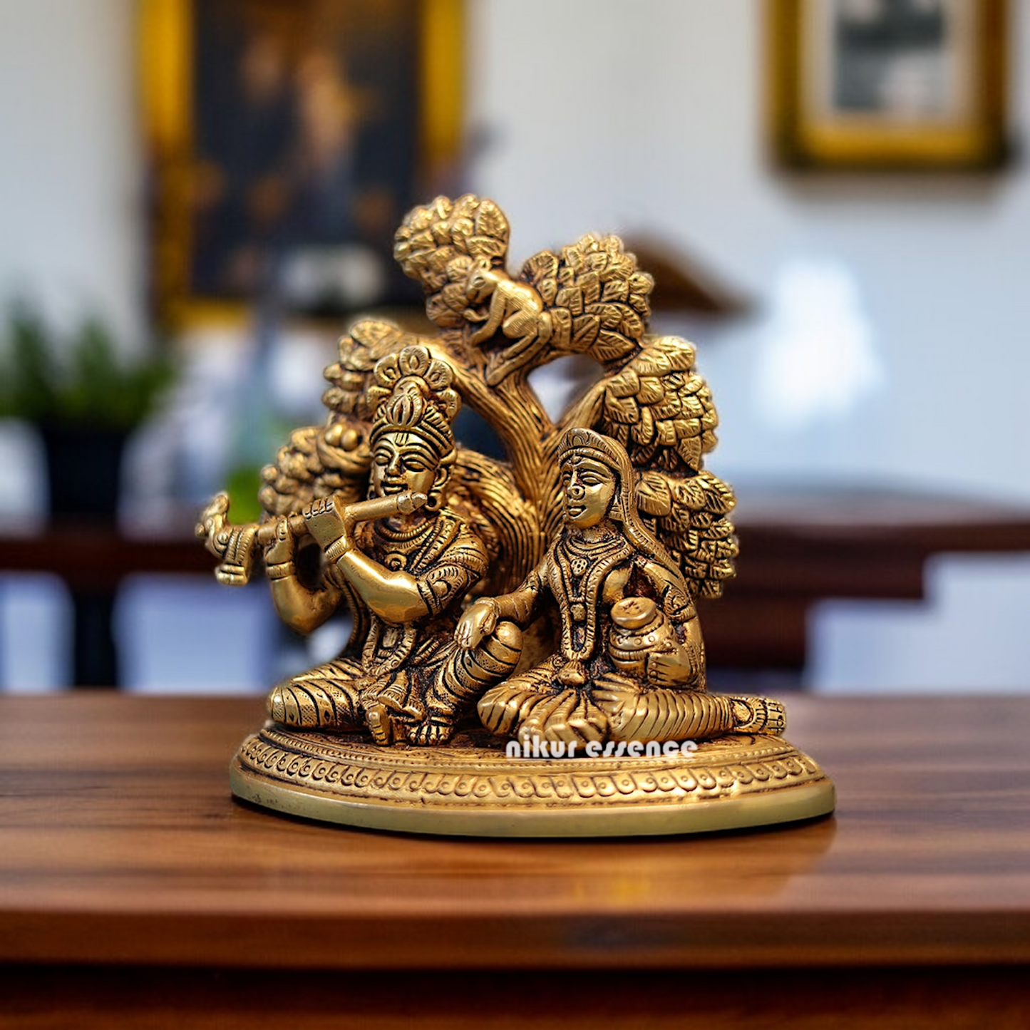 Radha krishna with Tree seated and Playing Flute Brass idol - 5.5 Inches Nikuressence