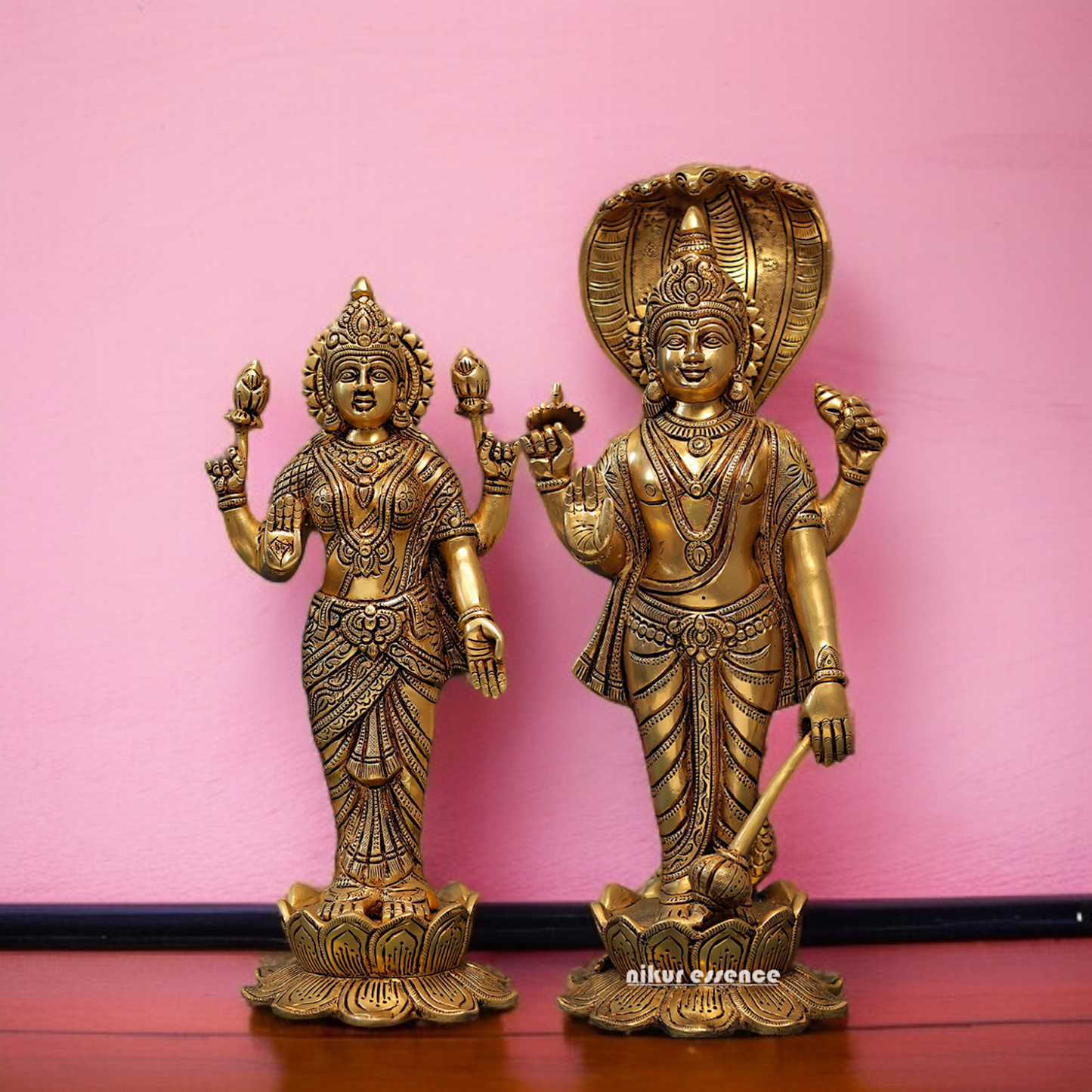 Vishnu Bhagwan with Lakshmi maa standing with Blessing and hold Gada mace Brass idol - 16.5 Inches Nikuressence