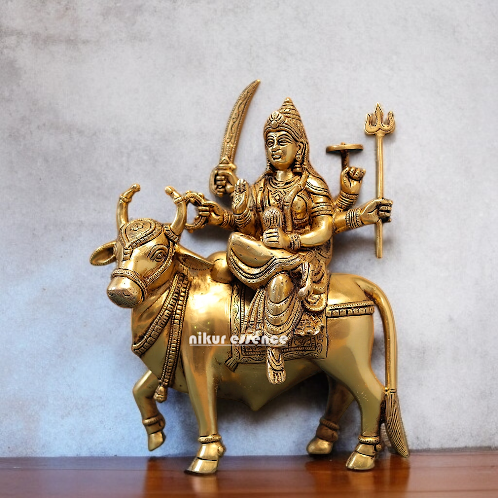 Durga Sherawali Maa Seated on Cow Brass idol - 13 Inches Nikuressence