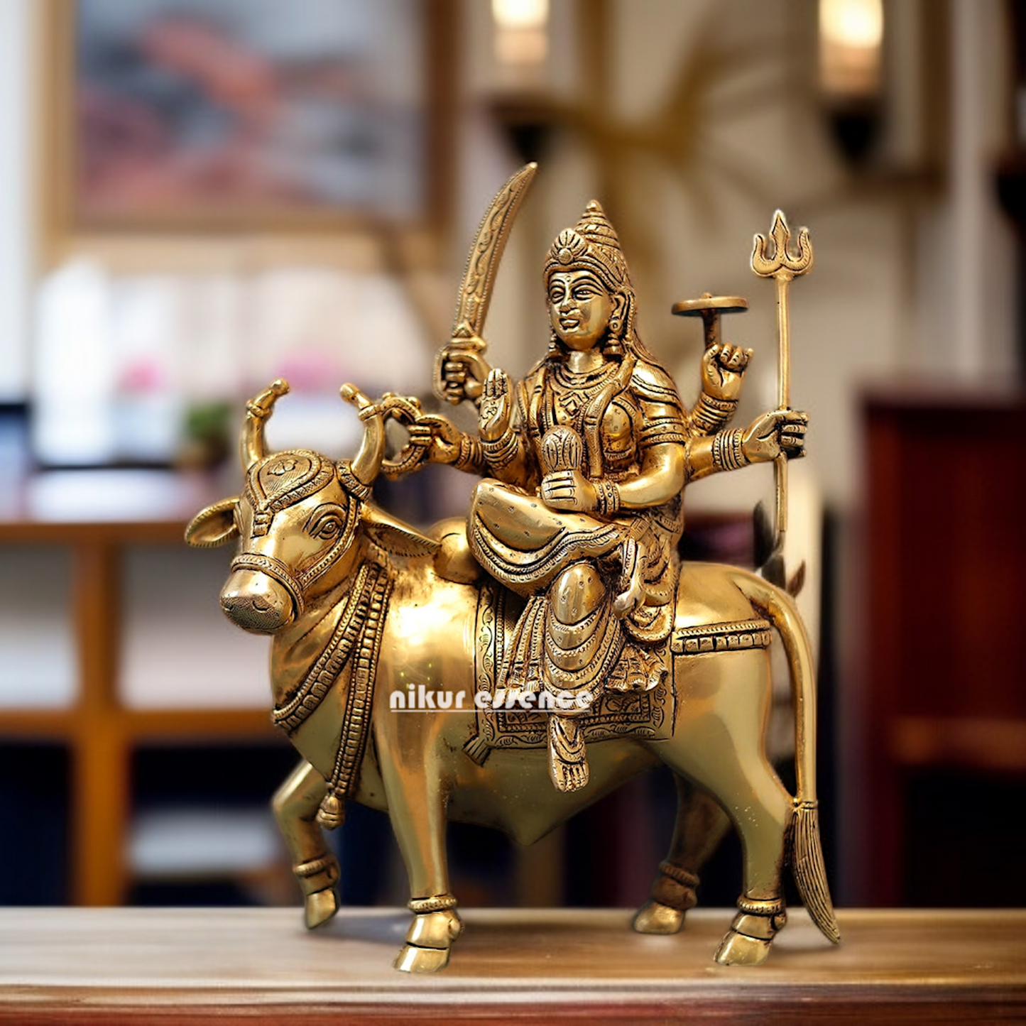 Durga Sherawali Maa Seated on Cow Brass idol - 13 Inches Nikuressence