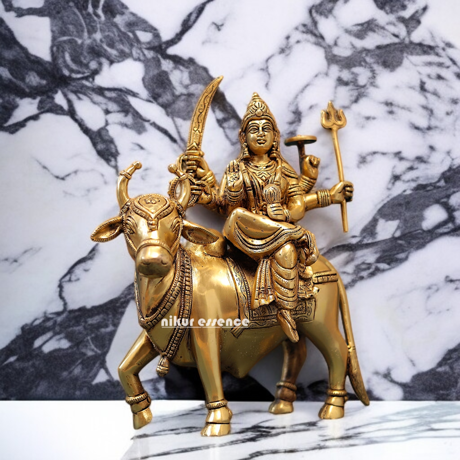 Durga Sherawali Maa Seated on Cow Brass idol - 13 Inches Nikuressence