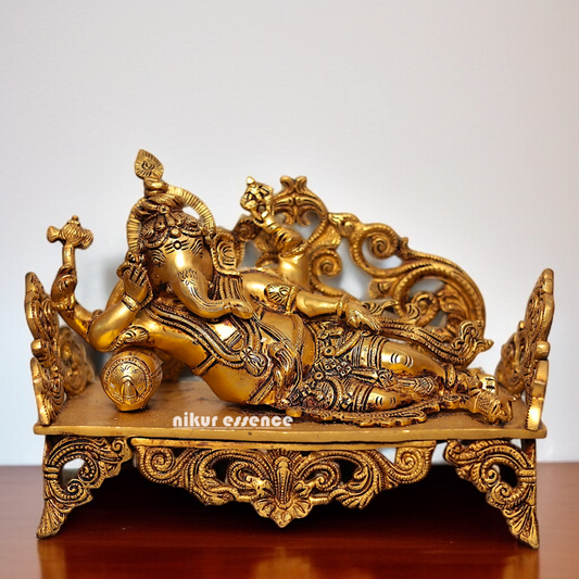 Pure Brass Ganesha Resting on singhasan worship statue - 11 Inches Nikuressence