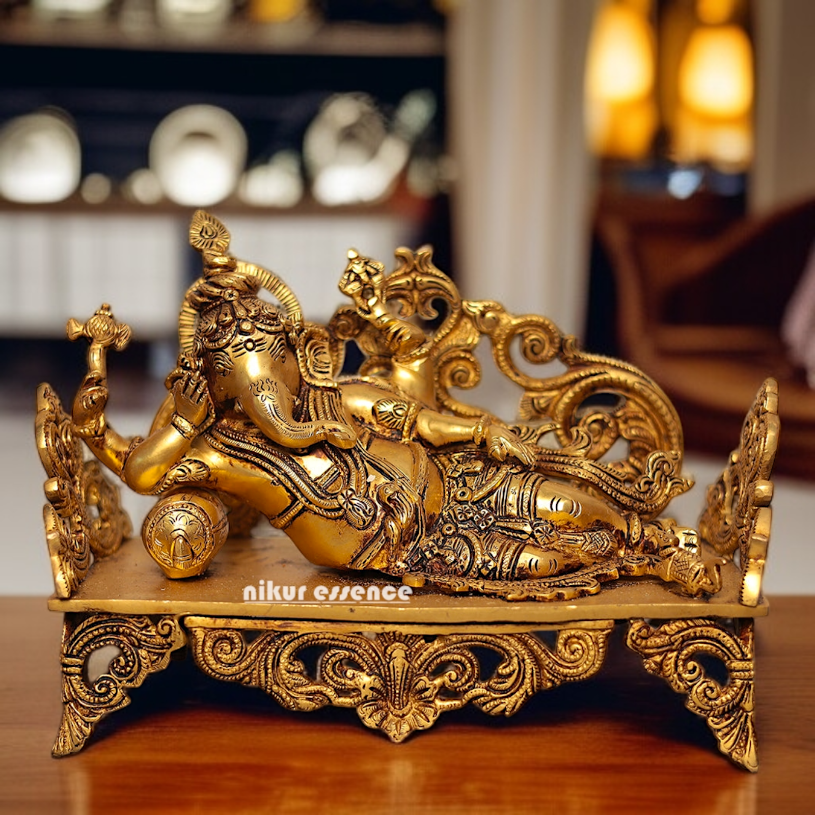 Pure Brass Ganesha Resting on singhasan worship statue - 11 Inches Nikuressence