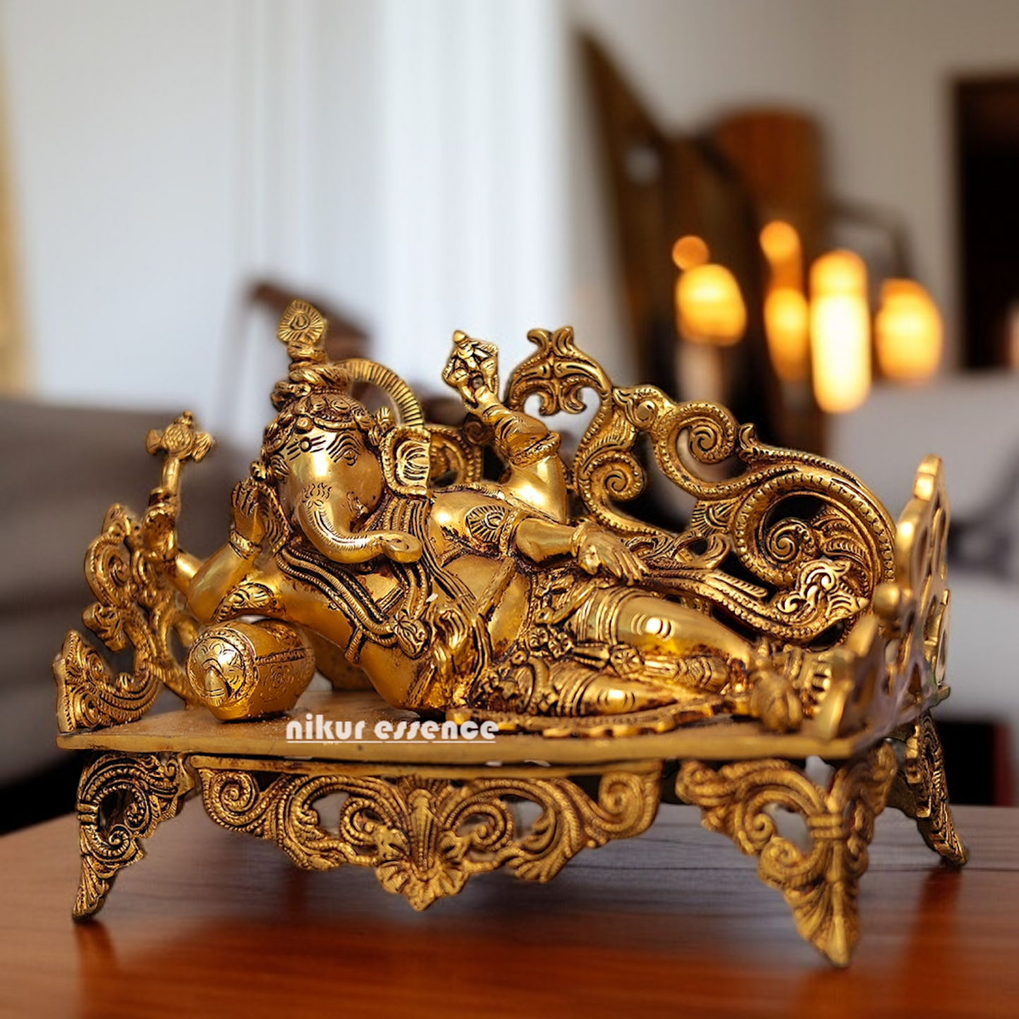 Pure Brass Ganesha Resting on singhasan worship statue - 11 Inches Nikuressence