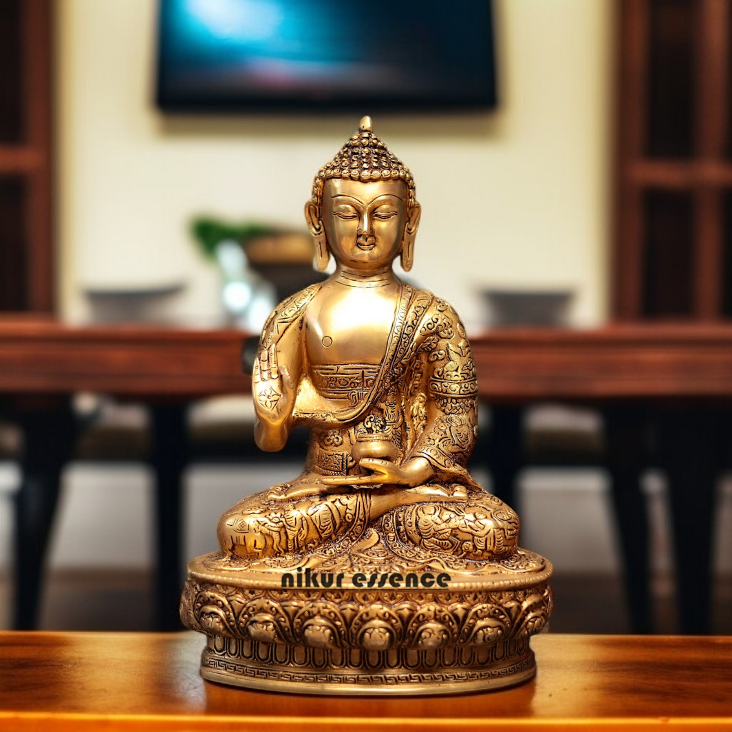 Pure Brass Buddha Sitting with Blessing statue - 13 Inches Nikuressence