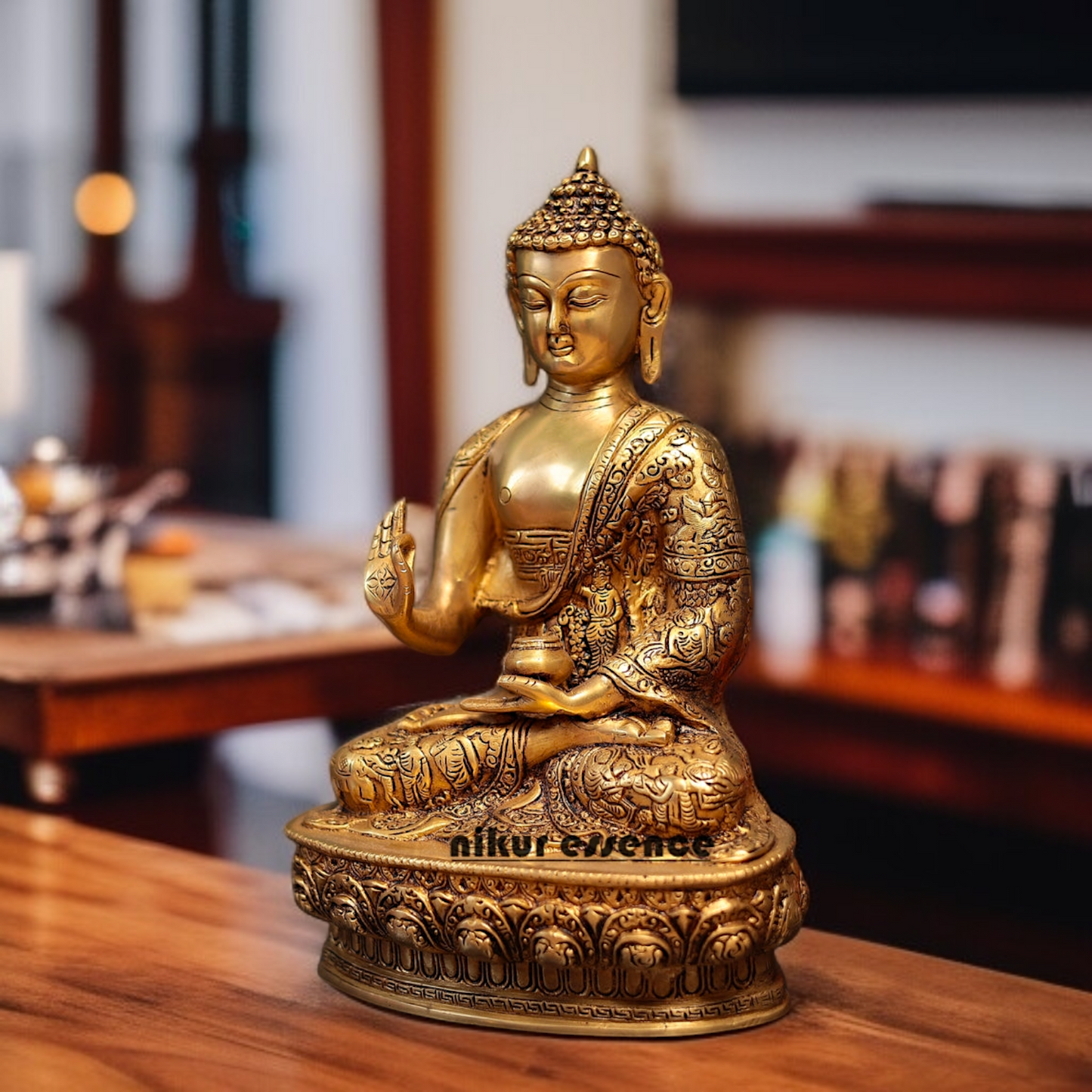 Pure Brass Buddha Sitting with Blessing statue - 13 Inches Nikuressence
