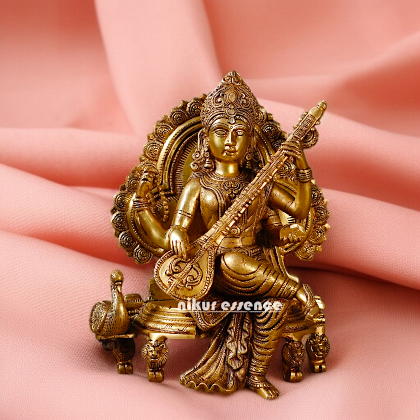 Goddess Saraswati Playing Veena Seated on singhasan Brass idol - 14 Inches Nikuressence