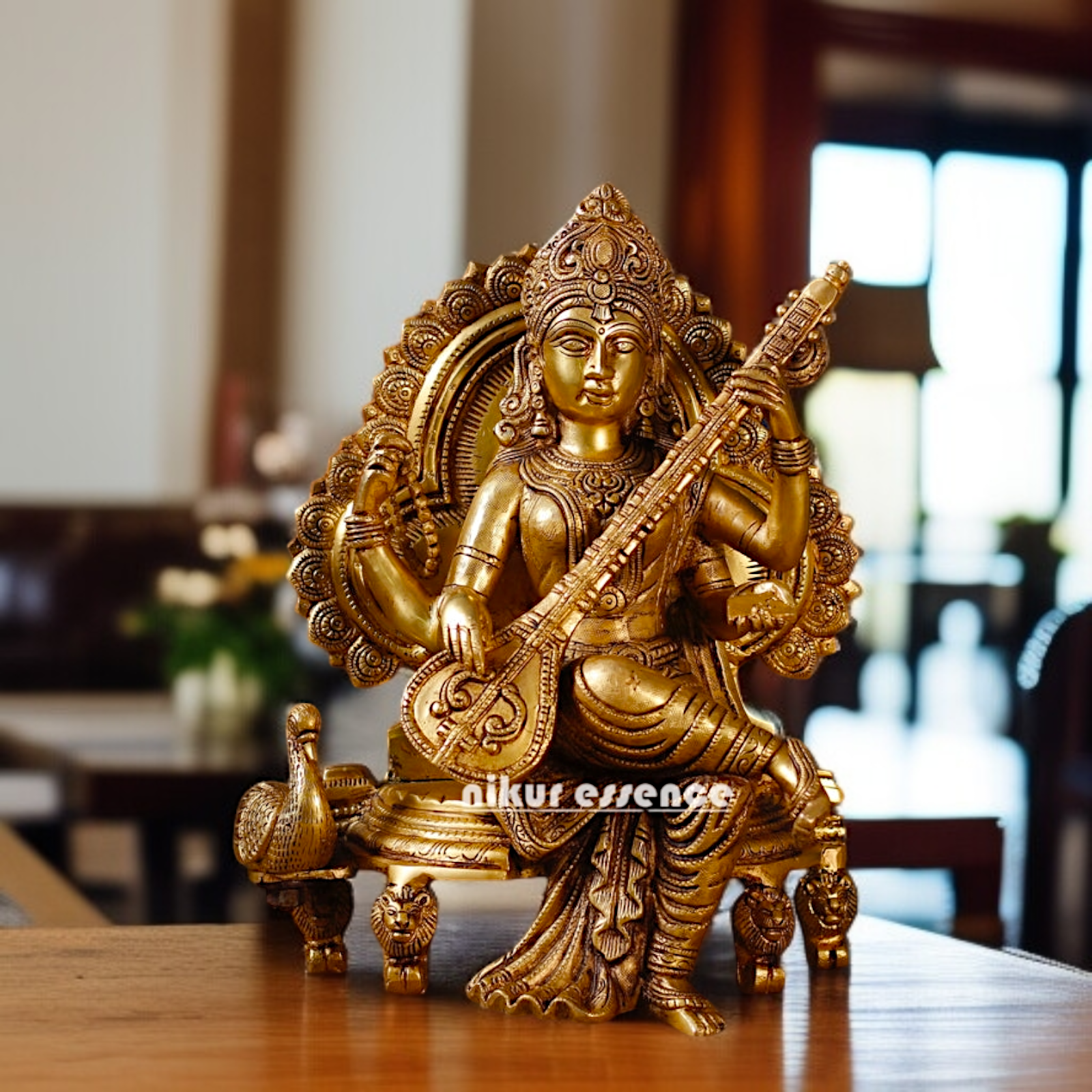 Goddess Saraswati Playing Veena Seated on singhasan Brass idol - 14 Inches Nikuressence