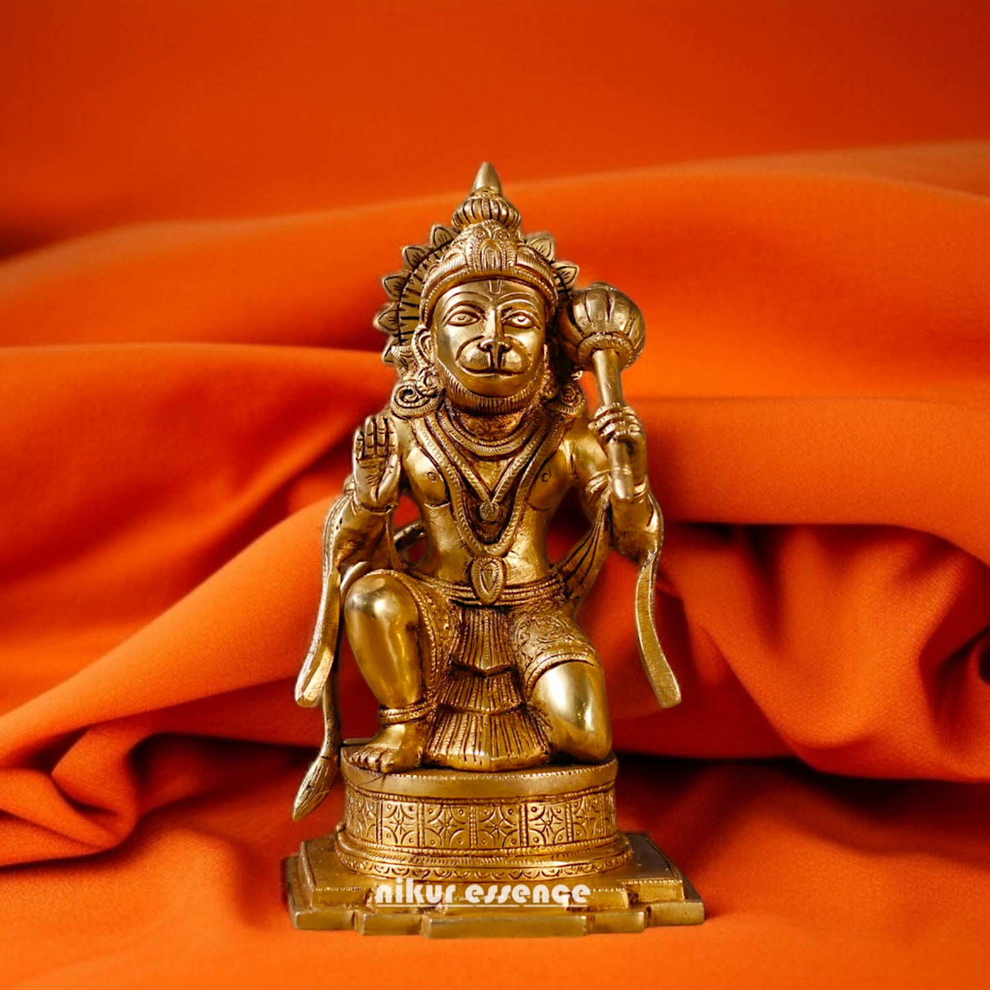 Solid Brass Hanuman ji seated with Blessing and mace Gada statue - 12 Inches Nikuressence