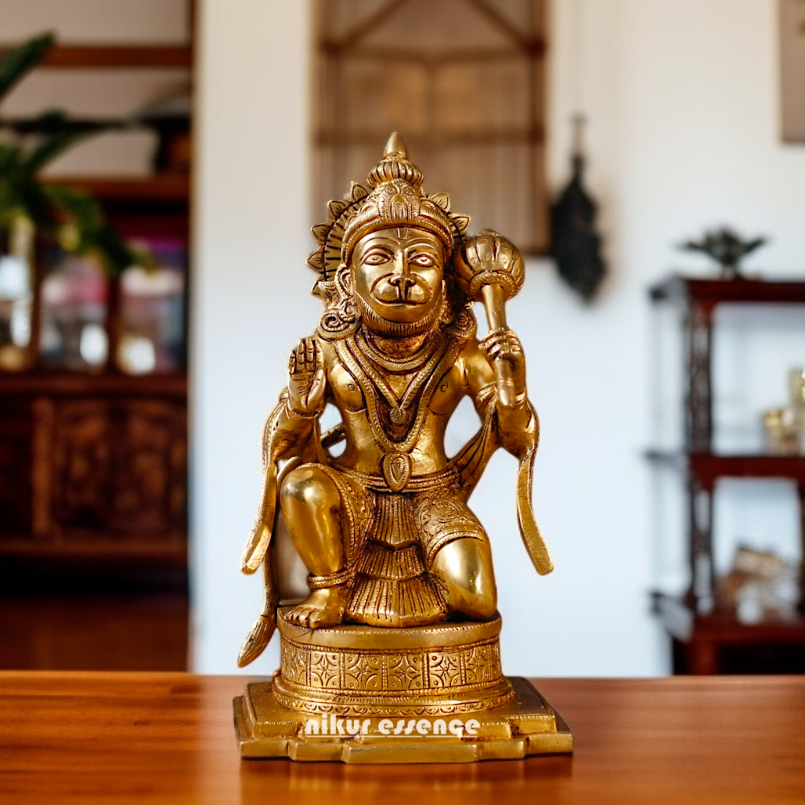 Solid Brass Hanuman ji seated with Blessing and mace Gada statue - 12 Inches Nikuressence