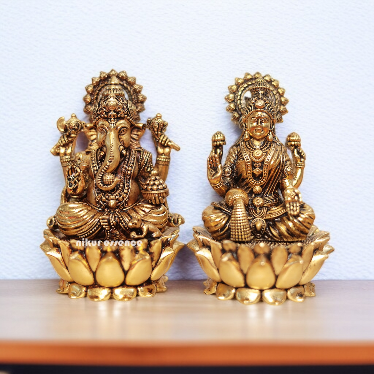 Lakshmi Ganesha Blessing with seated on Lotus Brass idol - 4.5 Inches Nikuressence