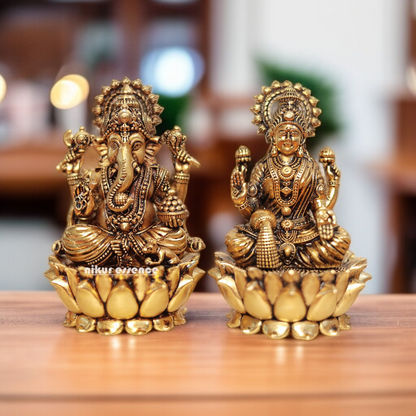 Lakshmi Ganesha Blessing with seated on Lotus Brass idol - 4.5 Inches Nikuressence