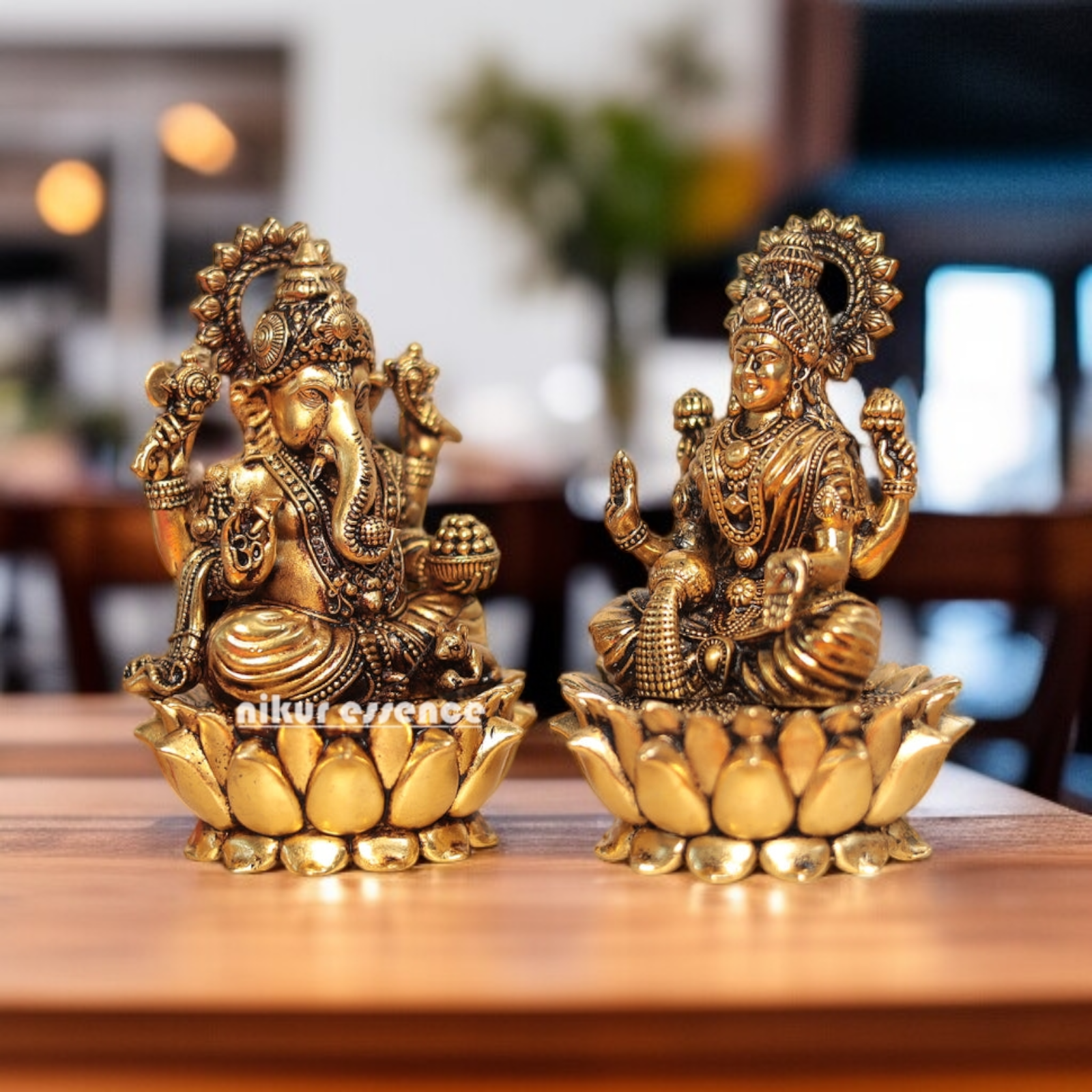 Lakshmi Ganesha Blessing with seated on Lotus Brass idol - 4.5 Inches Nikuressence