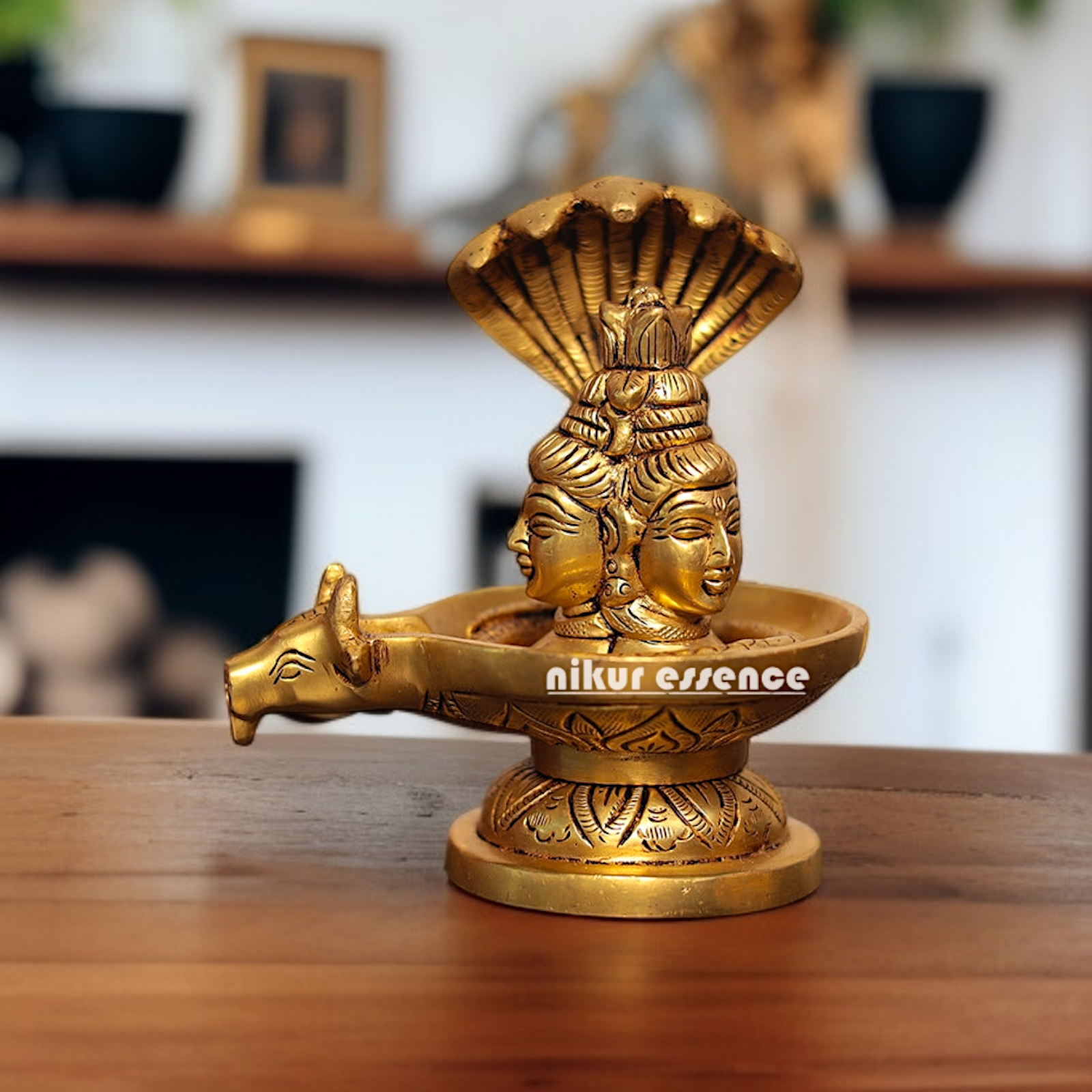 Lord Trimukhi Shivling with and Nandi sheshnag Brass idol - 5 Inches Nikuressence