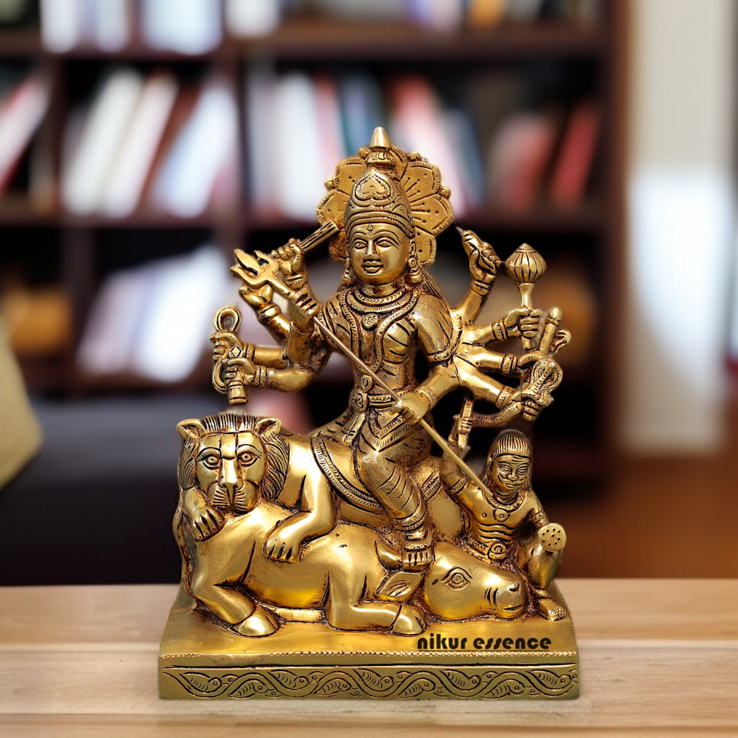 Goddess Durga Maa with Lion Brass idol - 10 Inches Nikuressence