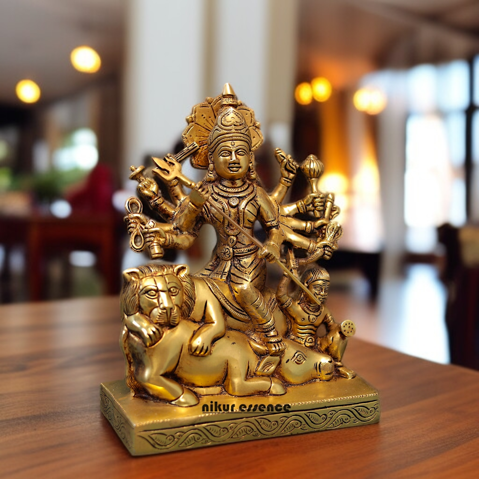Goddess Durga Maa with Lion Brass idol - 10 Inches Nikuressence