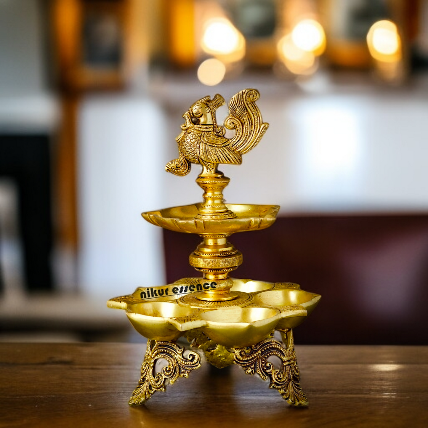 Big peacock Diya stand Brass - 9 Inches Nikuressence