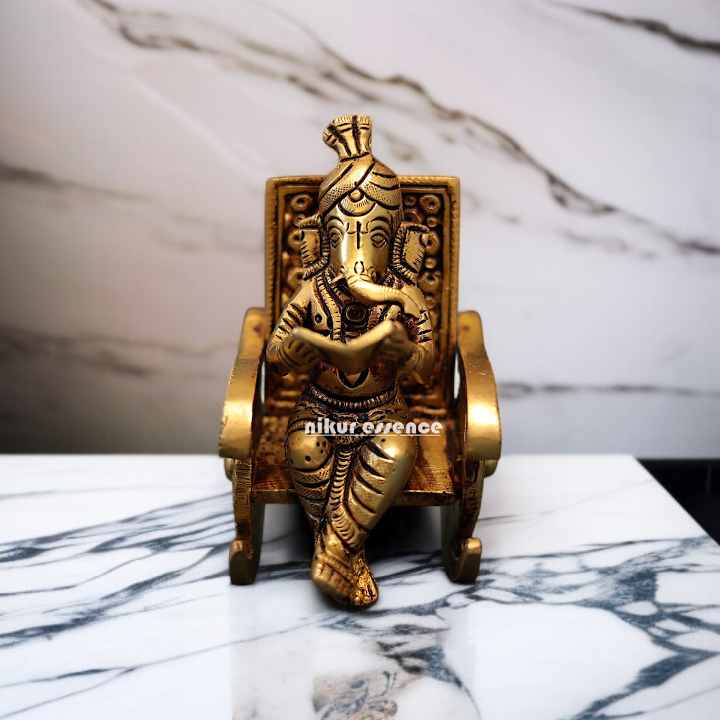 Antique Brass Ganesha Read Book Seated on swing chair statue - 4.5 Inches Nikuressence