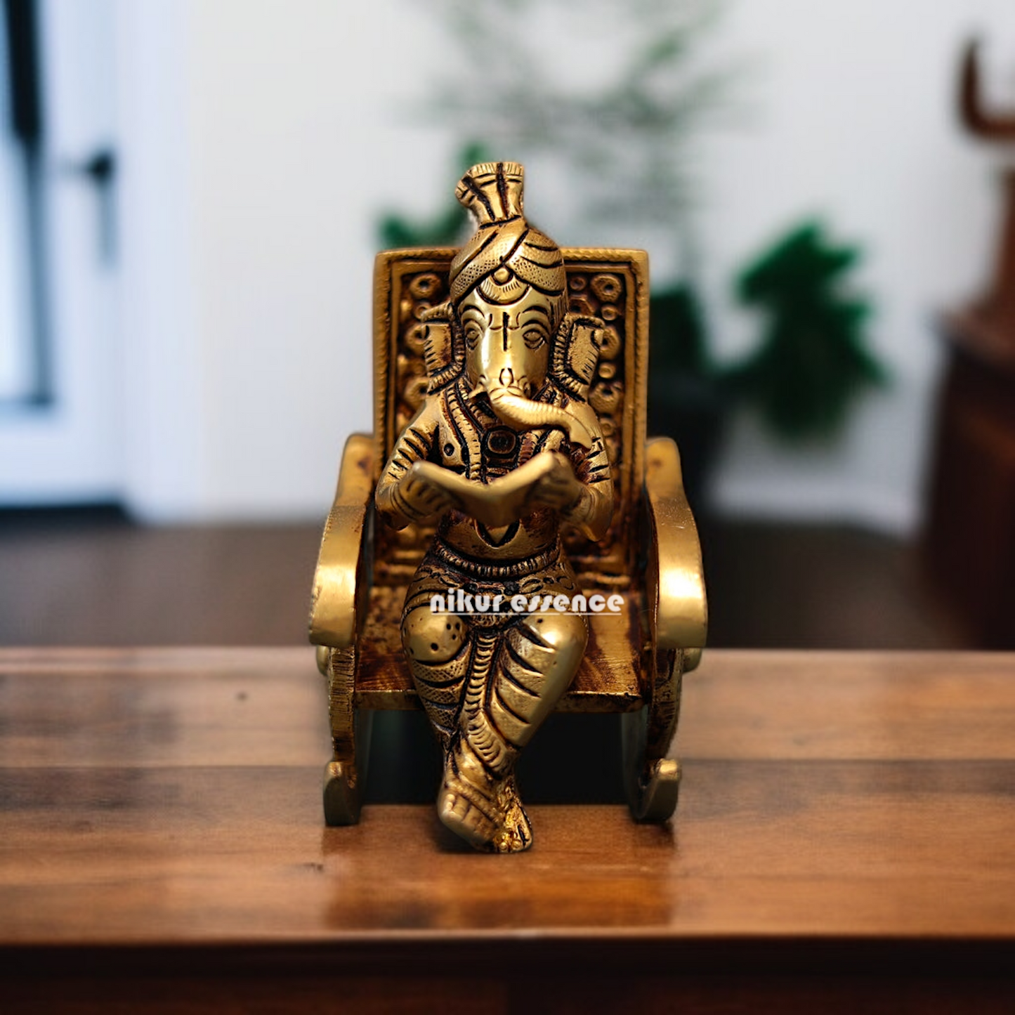 Antique Brass Ganesha Read Book Seated on swing chair statue - 4.5 Inches Nikuressence