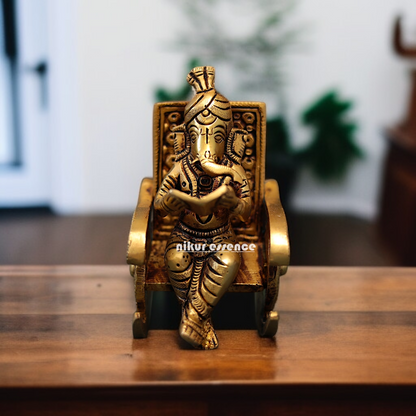 Antique Brass Ganesha Read Book Seated on swing chair statue - 4.5 Inches Nikuressence
