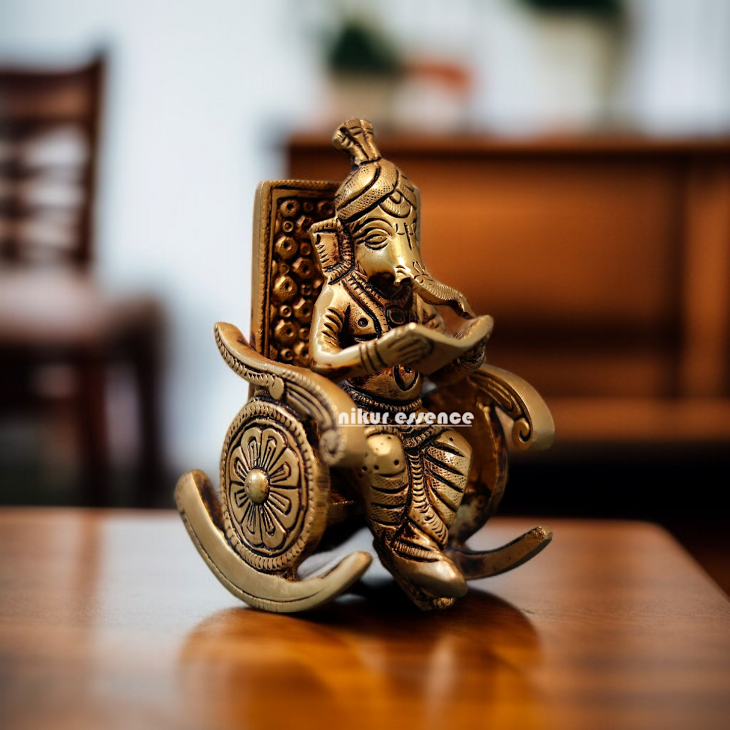 Antique Brass Ganesha Read Book Seated on swing chair statue - 4.5 Inches Nikuressence