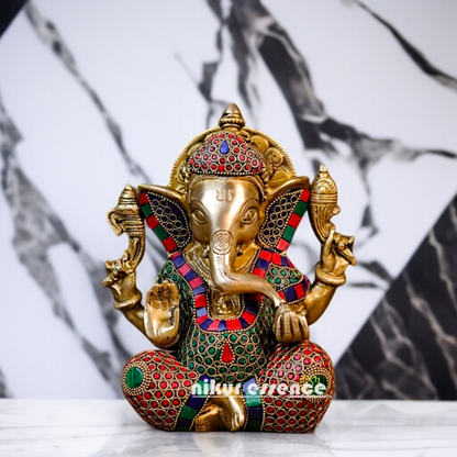 Brass Vinayaka Ganesha Seated with Blessing stone work idol - 7.874 inches Nikuressence
