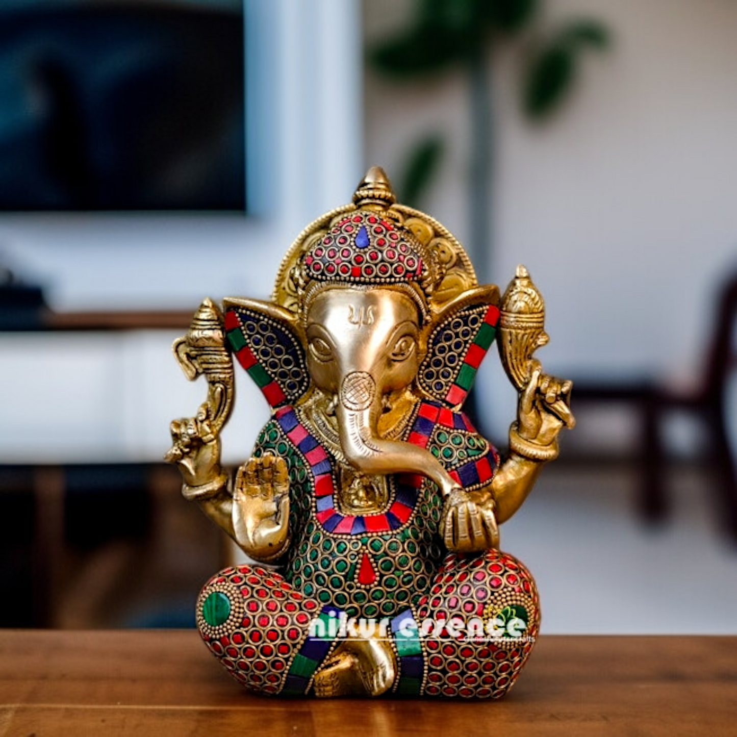 Brass Vinayaka Ganesha Seated with Blessing stone work idol - 7.874 inches Nikuressence