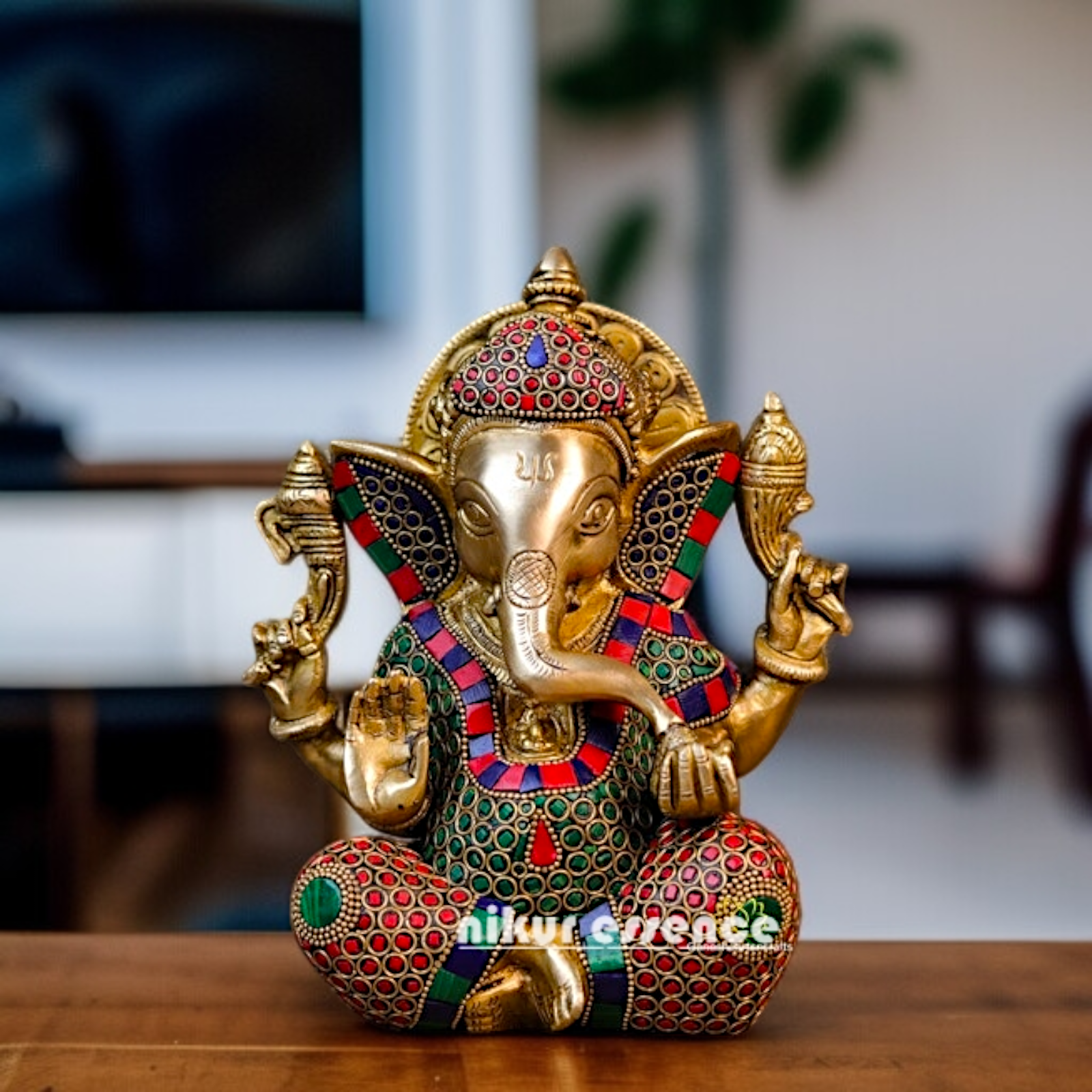 Brass Vinayaka Ganesha Seated with Blessing stone work idol - 7.874 inches Nikuressence