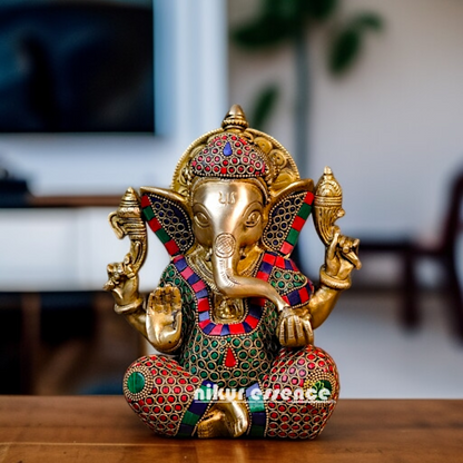 Brass Vinayaka Ganesha Seated with Blessing stone work idol - 7.874 inches Nikuressence