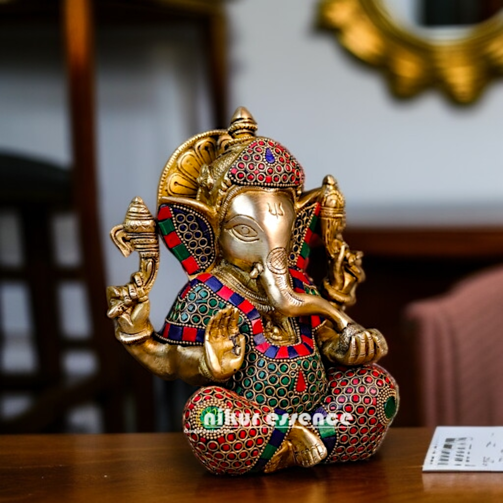 Brass Vinayaka Ganesha Seated with Blessing stone work idol - 7.874 inches Nikuressence