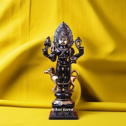 Brass Bhairav standing with Blessing and dog statue - 11.417 inches Nikuressence