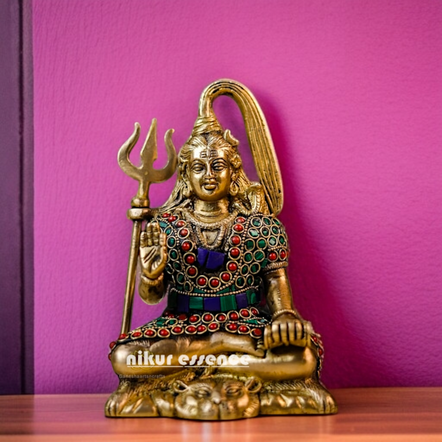 Mahadev Shiva Blessing with seated Brass stone work idol - 7.5 Inches Nikuressence