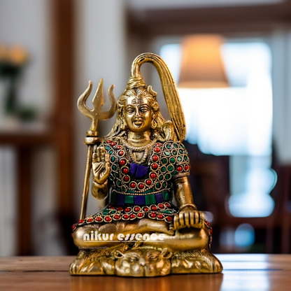 Mahadev Shiva Blessing with seated Brass stone work idol - 7.5 Inches Nikuressence