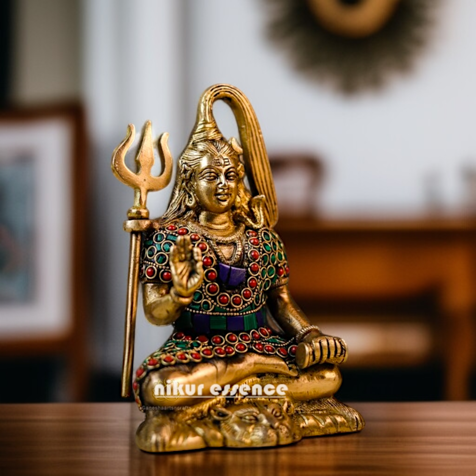Mahadev Shiva Blessing with seated Brass stone work idol - 7.5 Inches Nikuressence