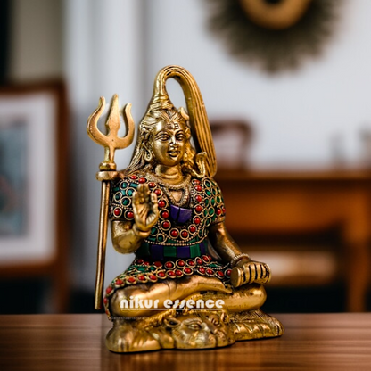 Mahadev Shiva Blessing with seated Brass stone work idol - 7.5 Inches Nikuressence
