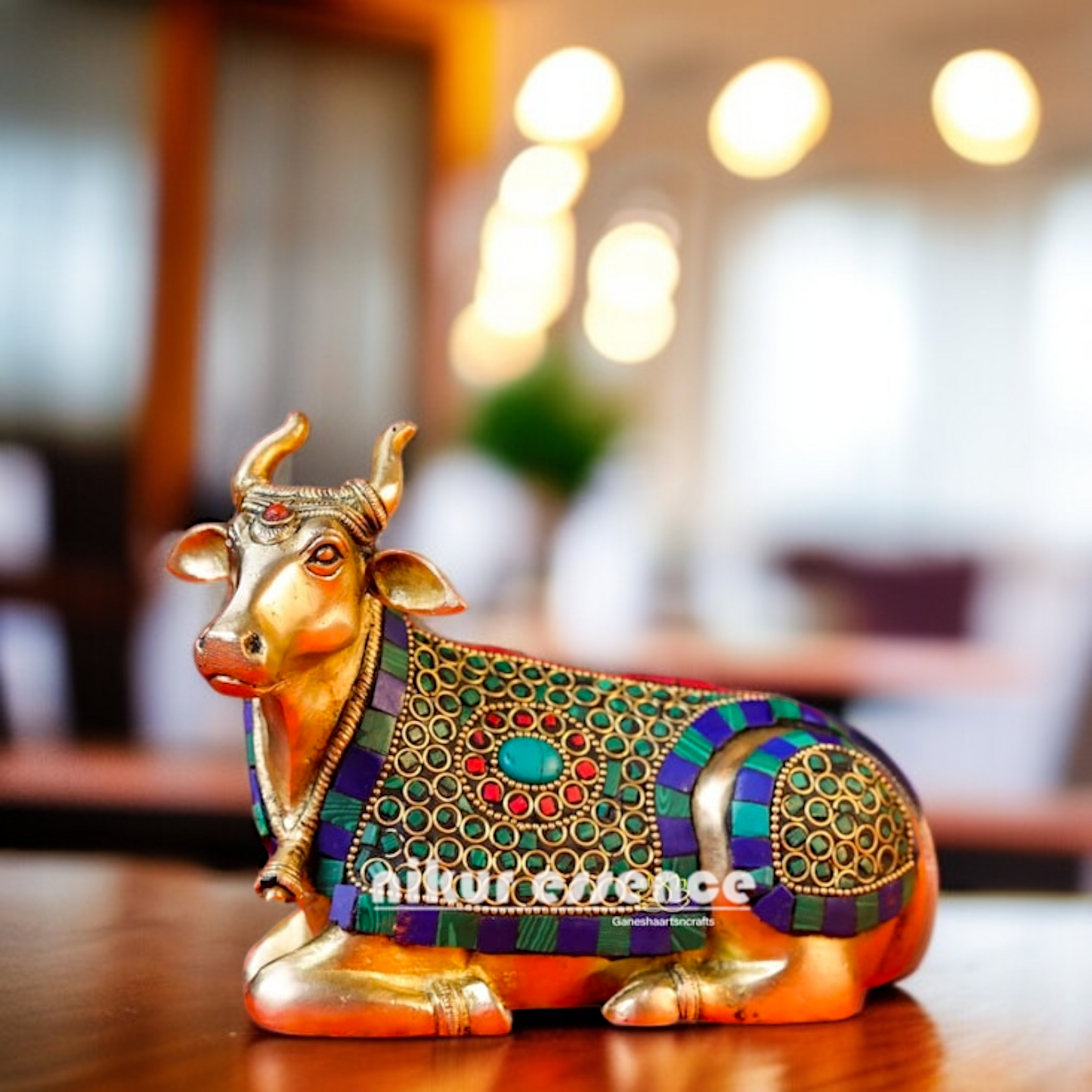 Brass Nandi seated with stone work statue - 6.5 Inches Nikuressence