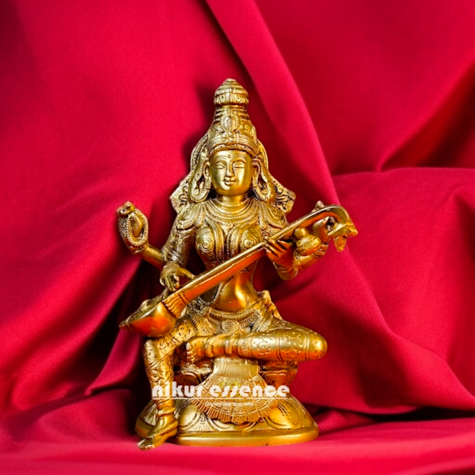 Pure Brass Saraswati Seated with Playing Veena statue - 8 Inches Nikuressence