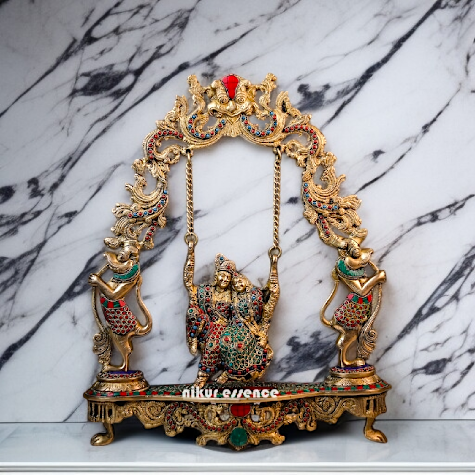 Brass Radha krishna swing Jhula with stone work idol - 18 Inches Nikuressence