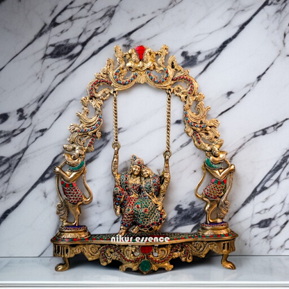 Brass Radha krishna swing Jhula with stone work idol - 18 Inches Nikuressence