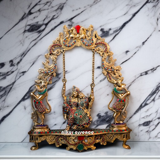 Brass Radha krishna swing Jhula with stone work idol - 18 Inches Nikuressence