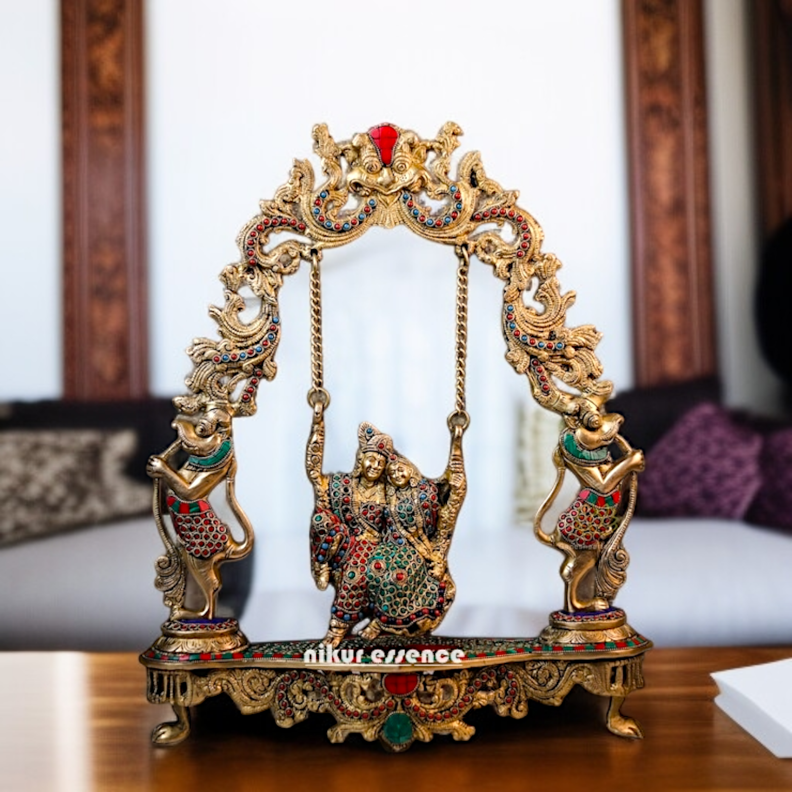 Brass Radha krishna swing Jhula with stone work idol - 18 Inches Nikuressence