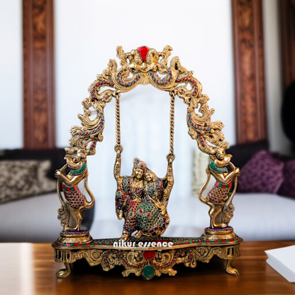 Brass Radha krishna swing Jhula with stone work idol - 18 Inches Nikuressence