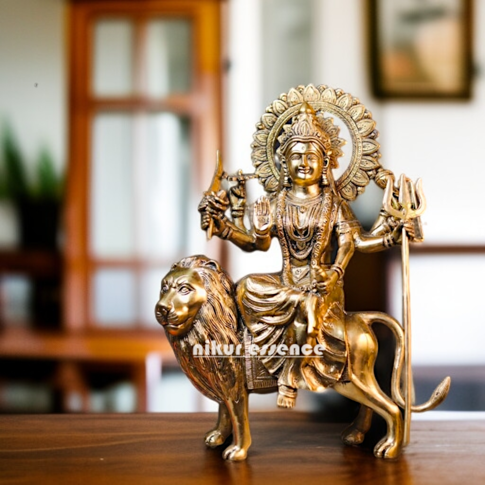 Sherawali Durga Mata Seated on lion with trident Brass idol - 15 Inches Nikuressence