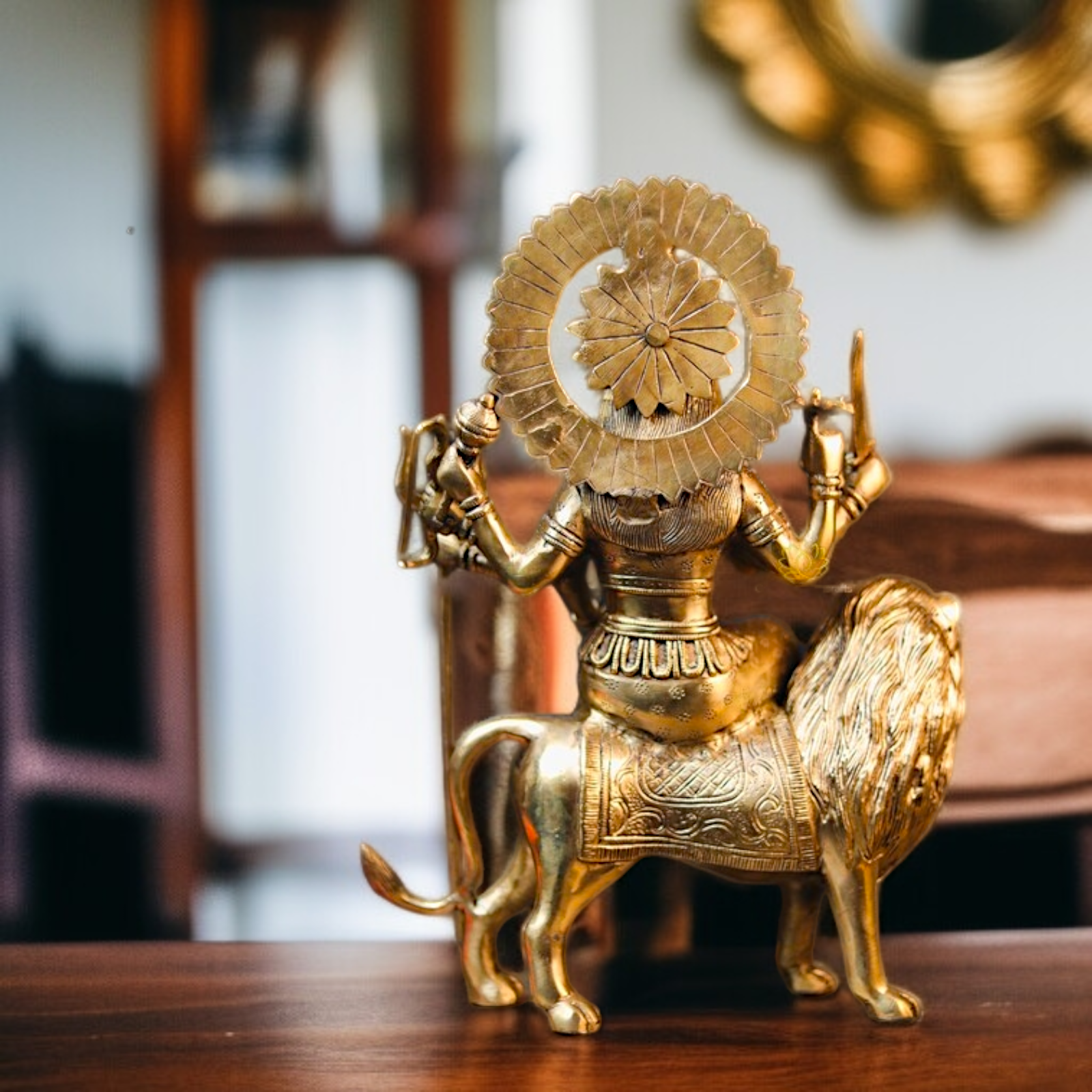 Sherawali Durga Mata Seated on lion with trident Brass idol - 15 Inches Nikuressence