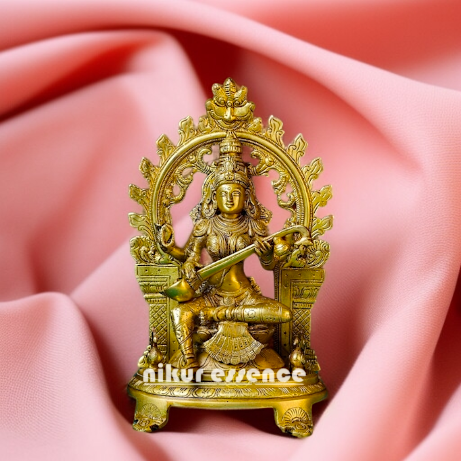 Saraswati Devi Seated on singhasan with Playing Veena Brass idol - 12 Inches Nikuressence