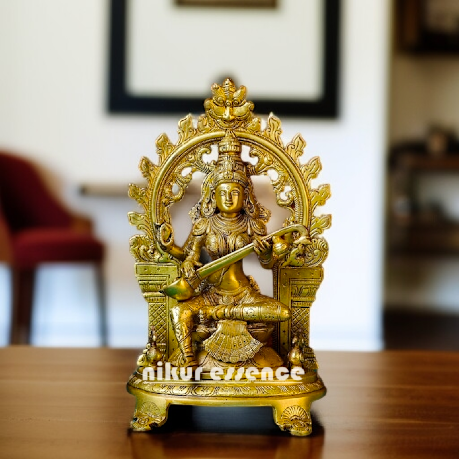 Saraswati Devi Seated on singhasan with Playing Veena Brass idol - 12 Inches Nikuressence