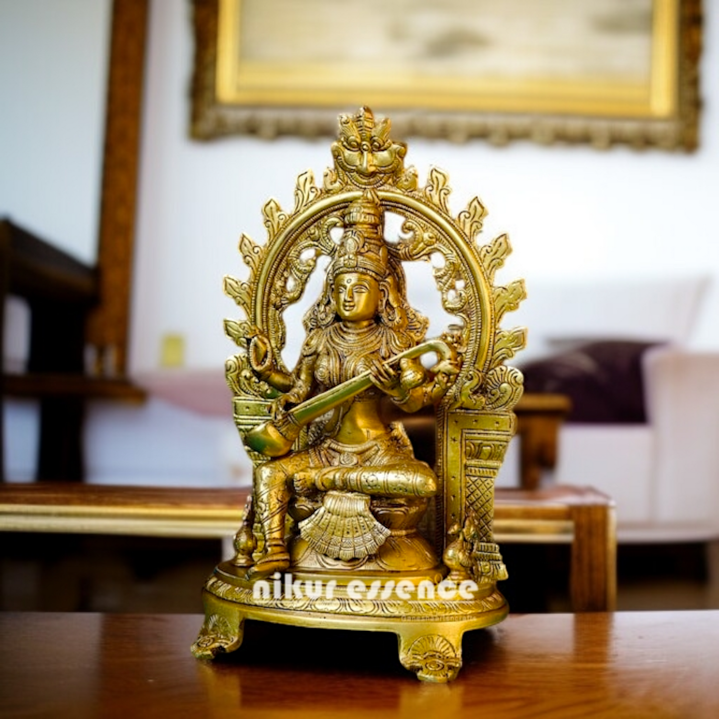 Saraswati Devi Seated on singhasan with Playing Veena Brass idol - 12 Inches Nikuressence