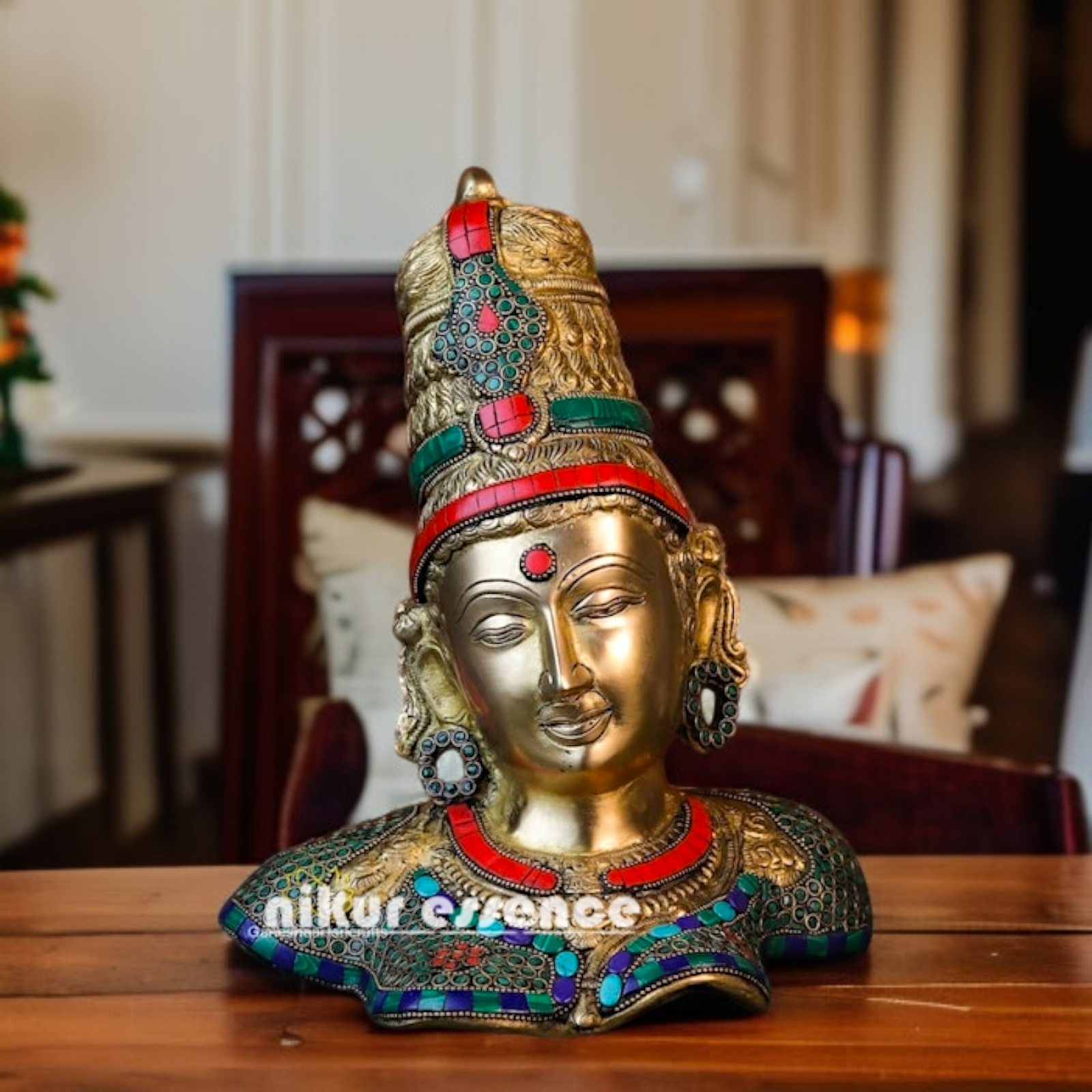 Uma Parvati Devi bust face Brass with stone work idol - 11.811 inches Nikuressence