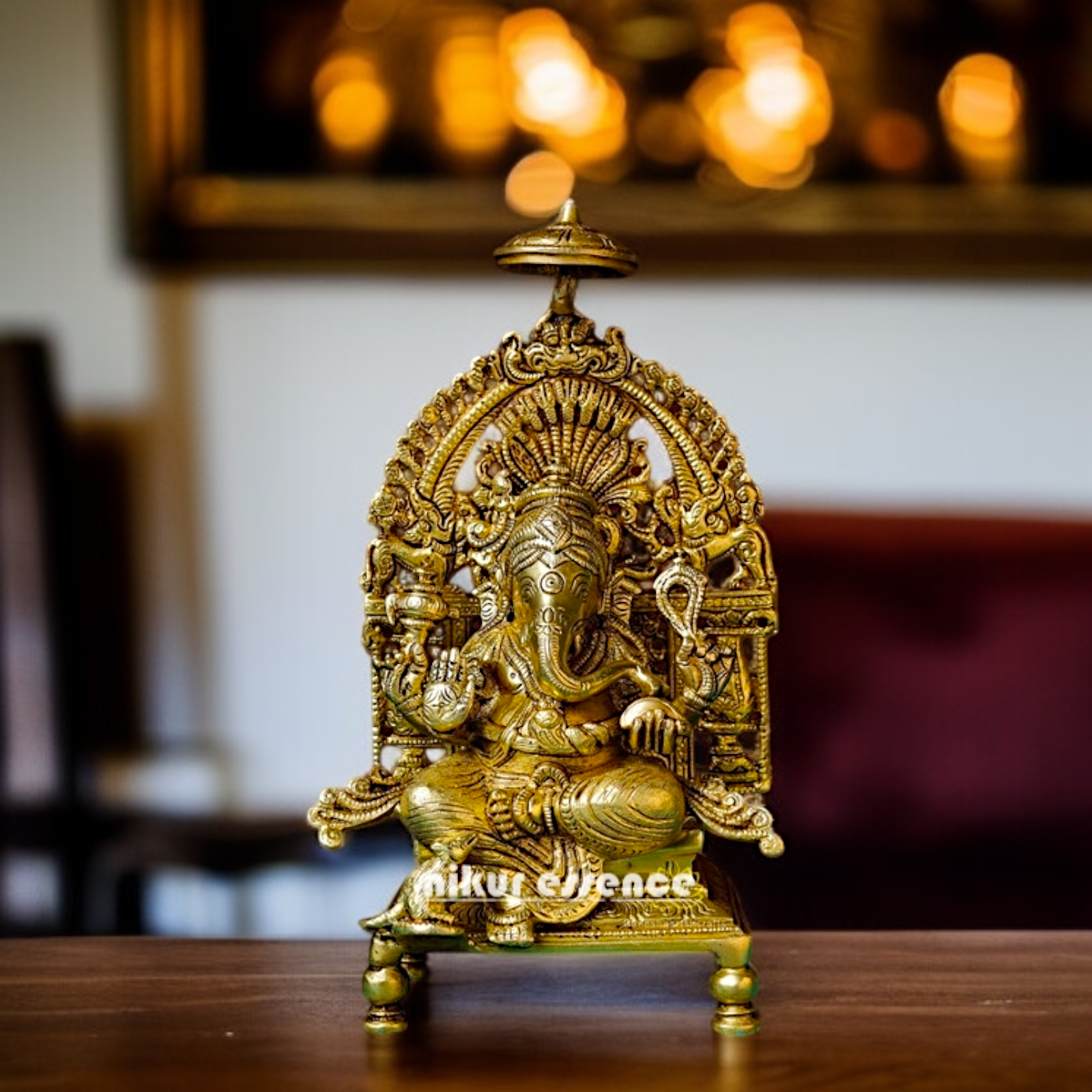 Lord Vinayaka Ganesha Blessing Seated on singhasan Brass idol - 11 Inches Nikuressence