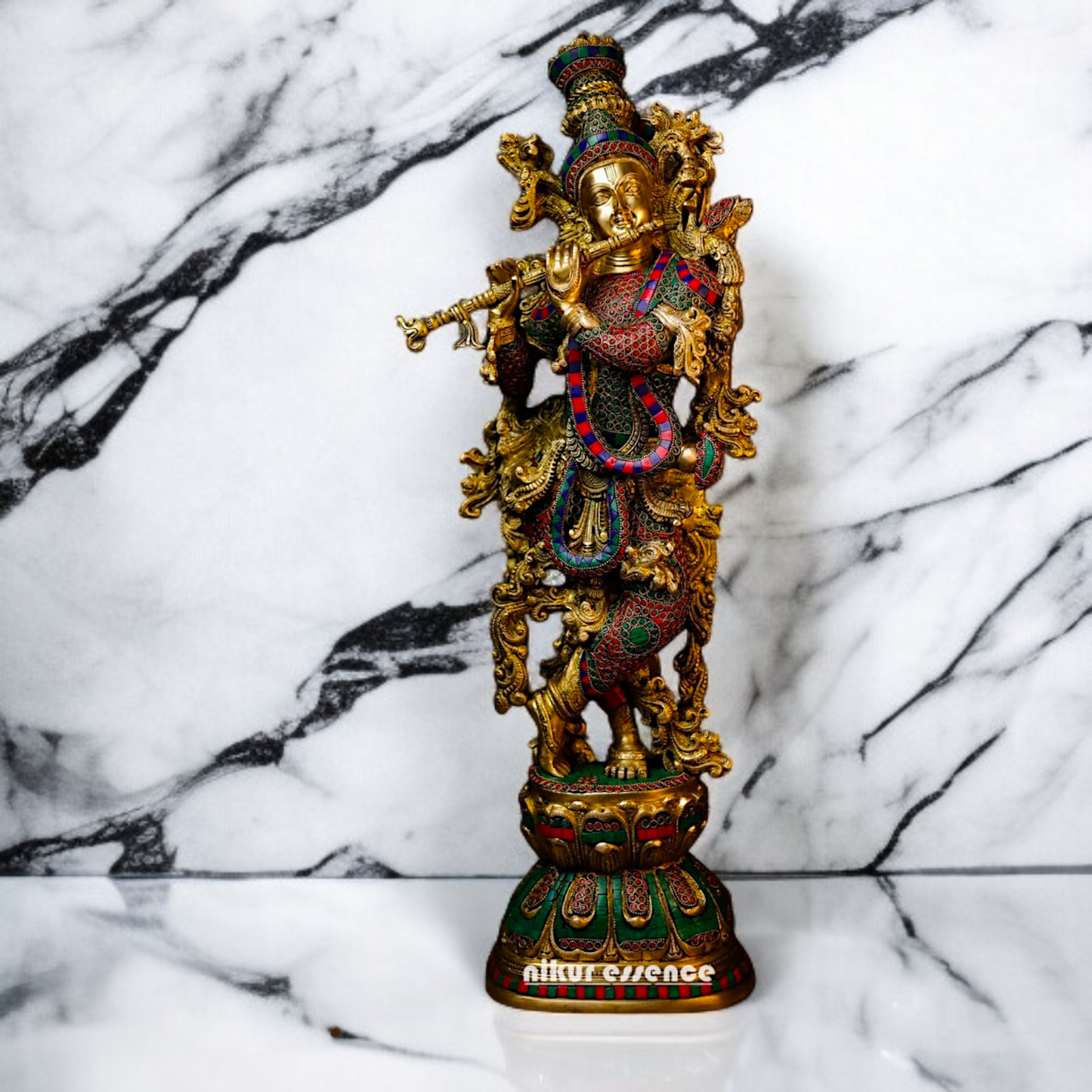 Large Krishna Playing Flute Brass with stone work idol - 31 Inches Nikuressence